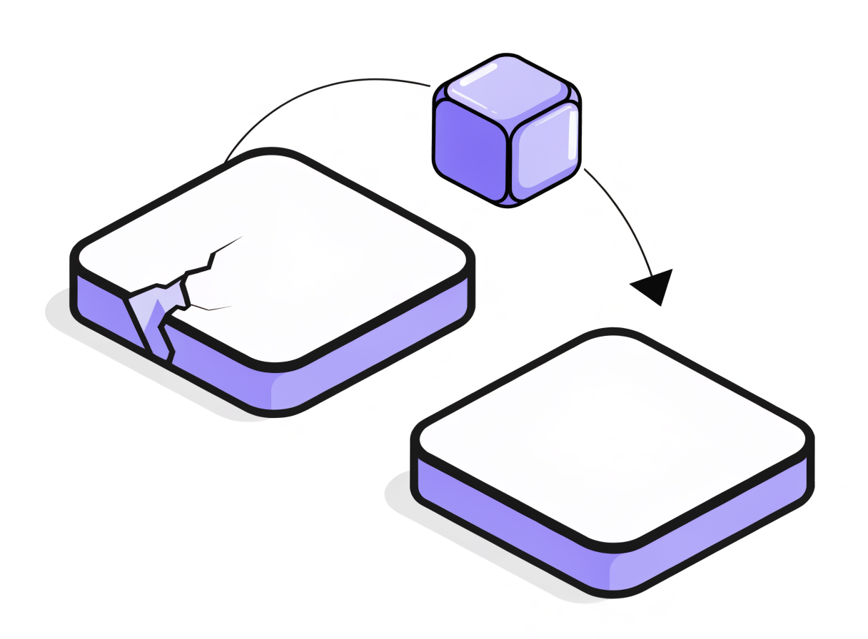 Isometric illustration: a violet cube hops from a cracked platform slab to a healthy one, showing automatic failover.