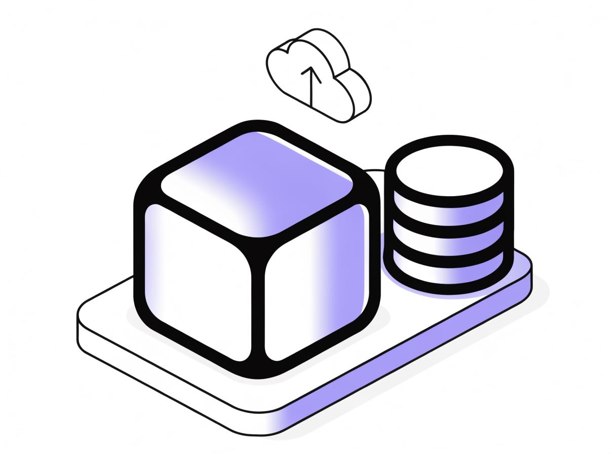 Isometric illustration: a violet cube on a slab beside a stack of snapshot disks, with a cloud and upward arrow for off-cluster backup.