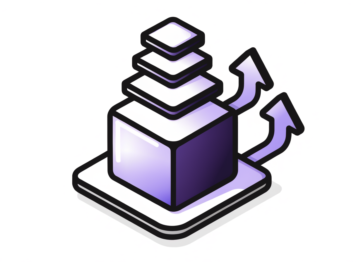 Isometric illustration: a violet cube growing into stacked tiers with upward arrows, showing resize on demand.