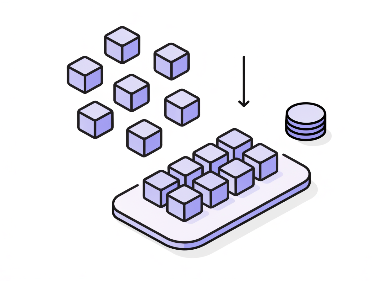 Isometric illustration: several small cubes consolidated onto one slab beside a stack of coins, showing right-sized spend.