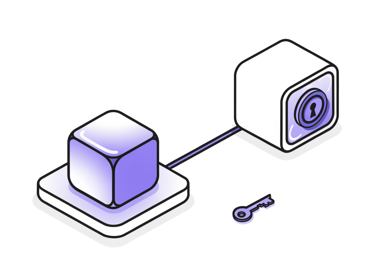 Isometric illustration: a violet cube on a slab connected to a separate safe vault with a key nearby, showing external secrets storage.